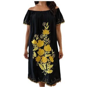 VTG Handmade Guatemala Embroidered Appliquéd Cotton Dress L Off Shoulder Black